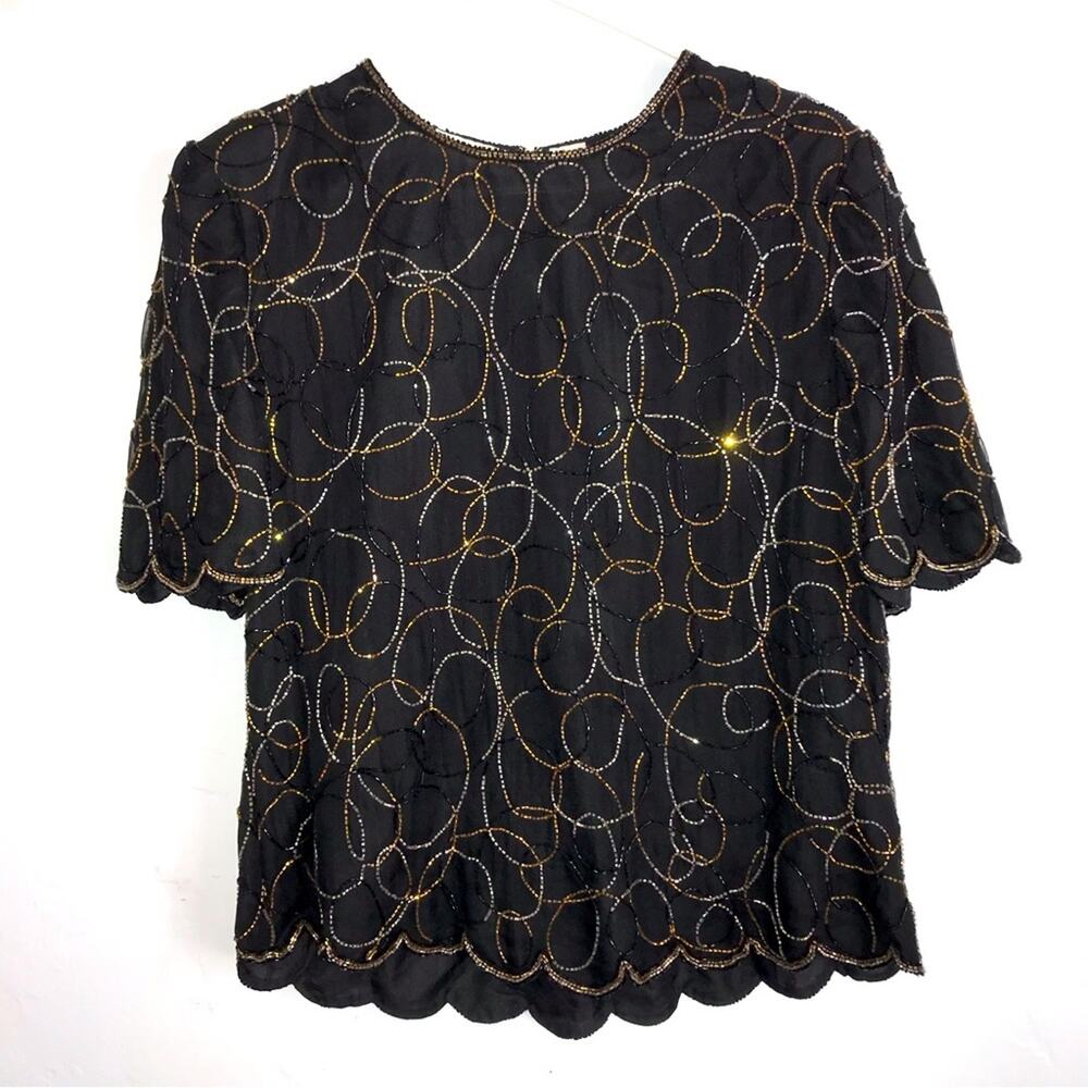 Vintage Scala beaded silk scalloped blouse gold and silver perfect for holidays